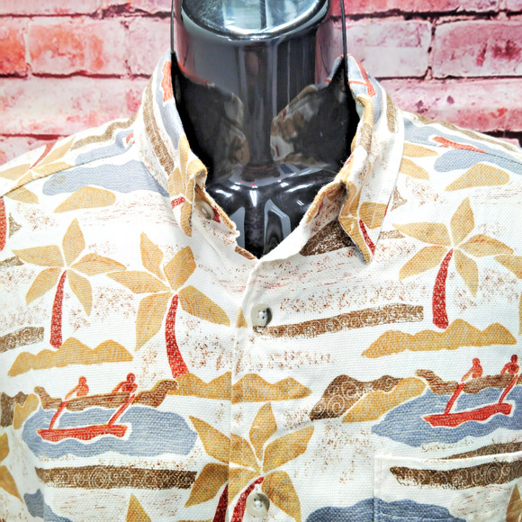 Woolrich Hawaiian Shirt Mens M Beige Palm Beach Print Short Sleeve Button Down - Picture 4 of 7